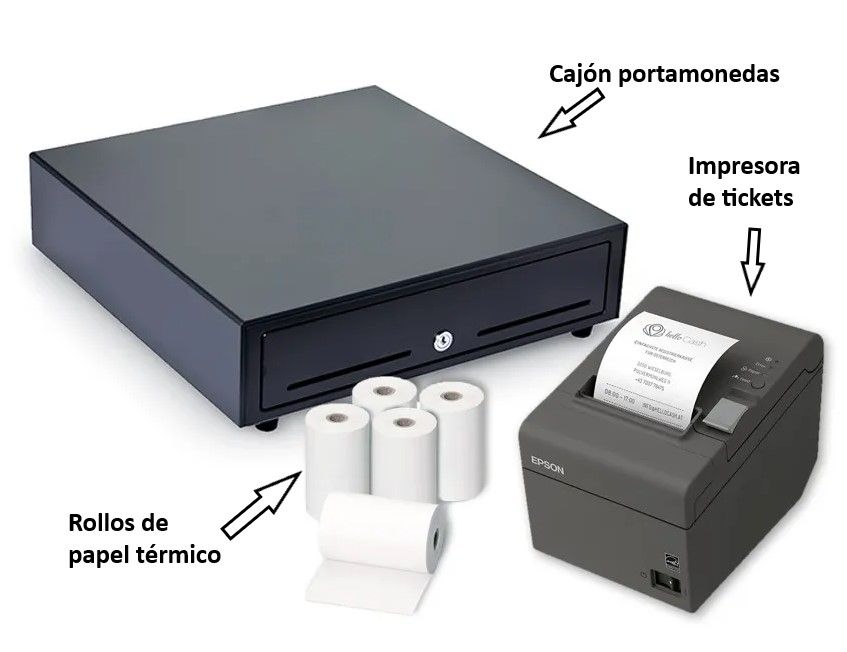 Kit estación de caja completa: de cajón portamonedas, impresora de tickets y papel térmico