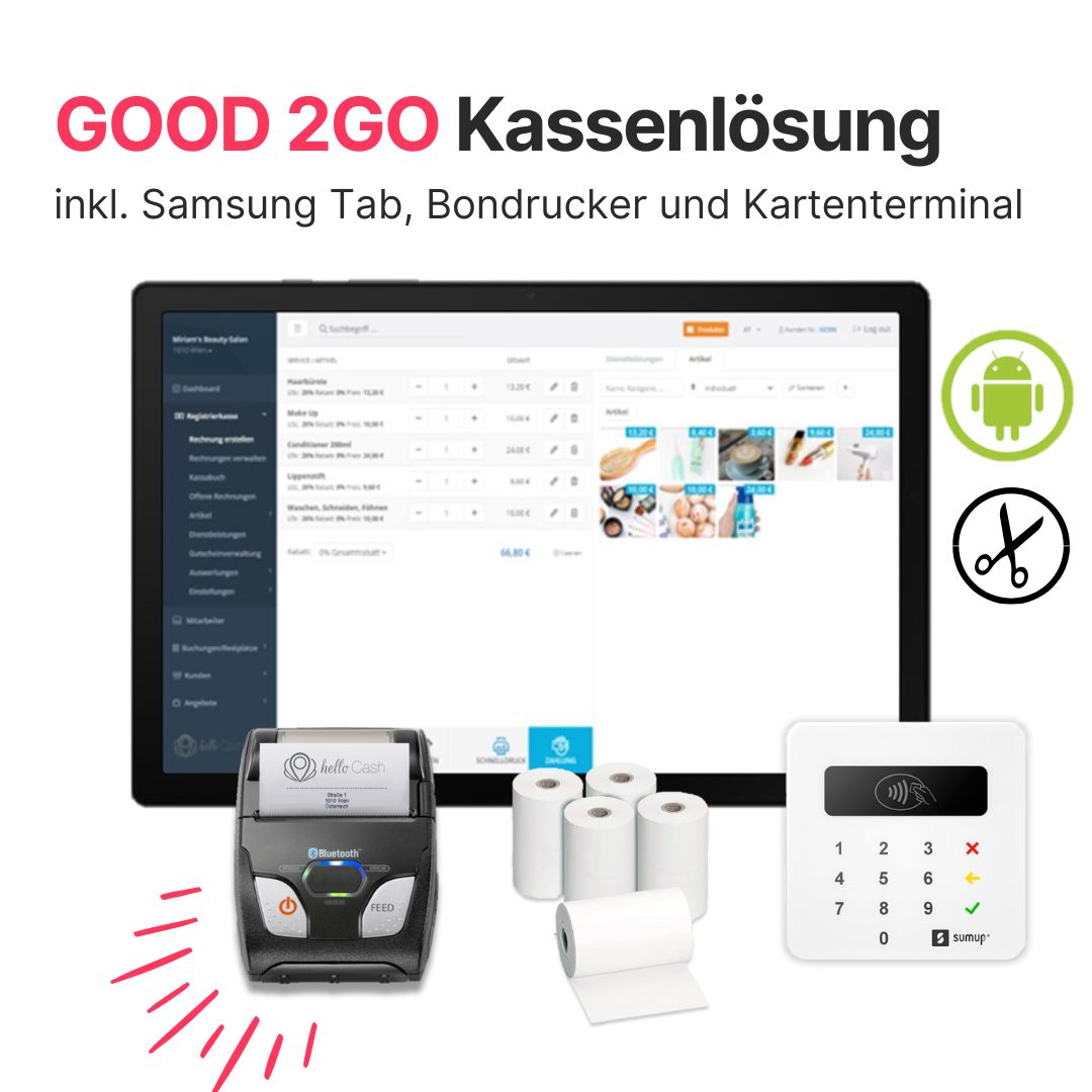 Good2GO All-in-One Lösung mit Samsung Tab für mobile Schönheitsprofis inkl. Bondrucker und Kartenterminal