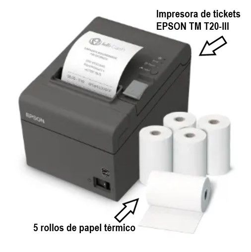 Pack de Impresora de tickets EPSON TM T20 III con 5 rollos de papel térmico (para ordenador)