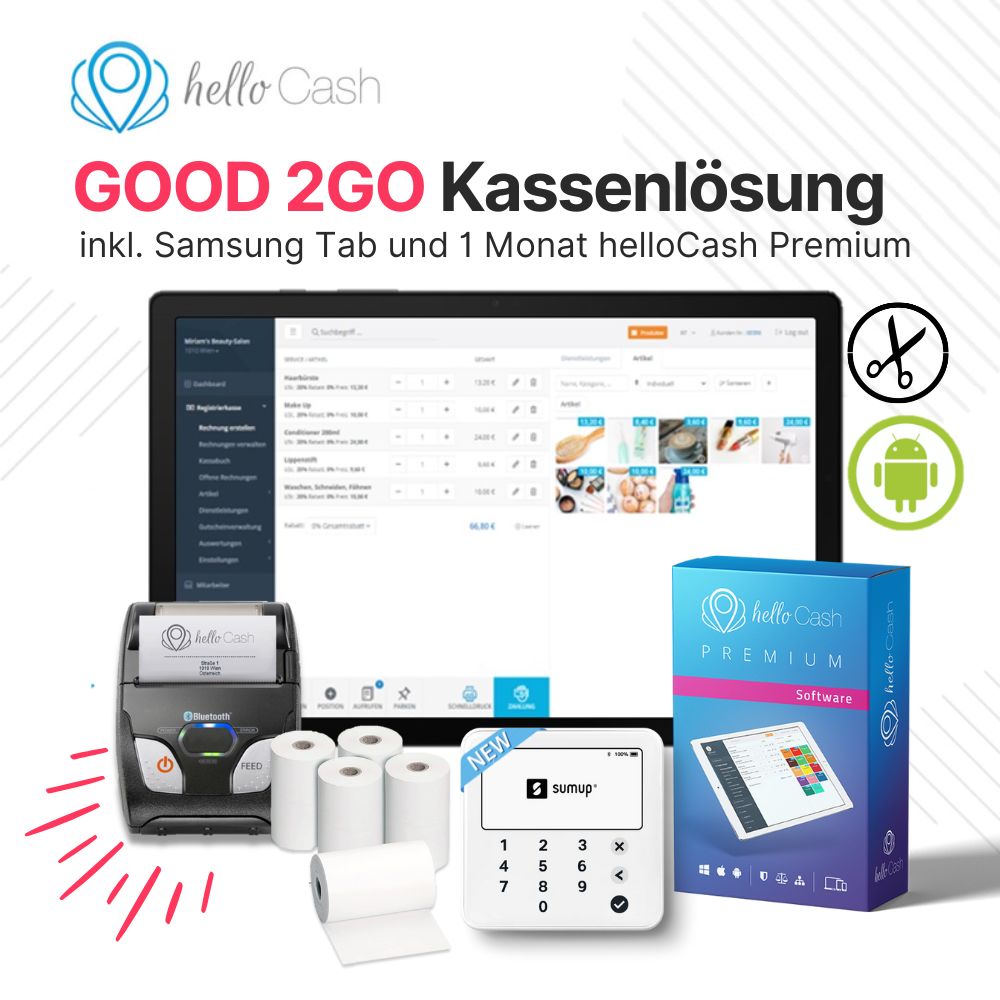 Good2GO All-in-One Lösung mit Samsung Tab für mobile Schönheitsprofis inkl. 1 Monat helloCash Premium
