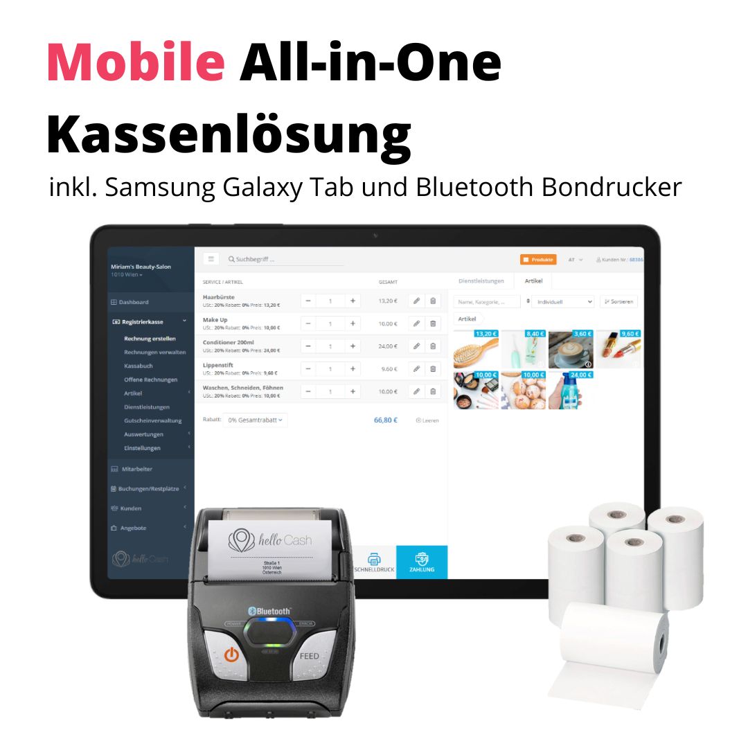Mobile All-in-One Kassenlösung inkl. Samsung Galaxy Tab und Bluetooth Bondrucker